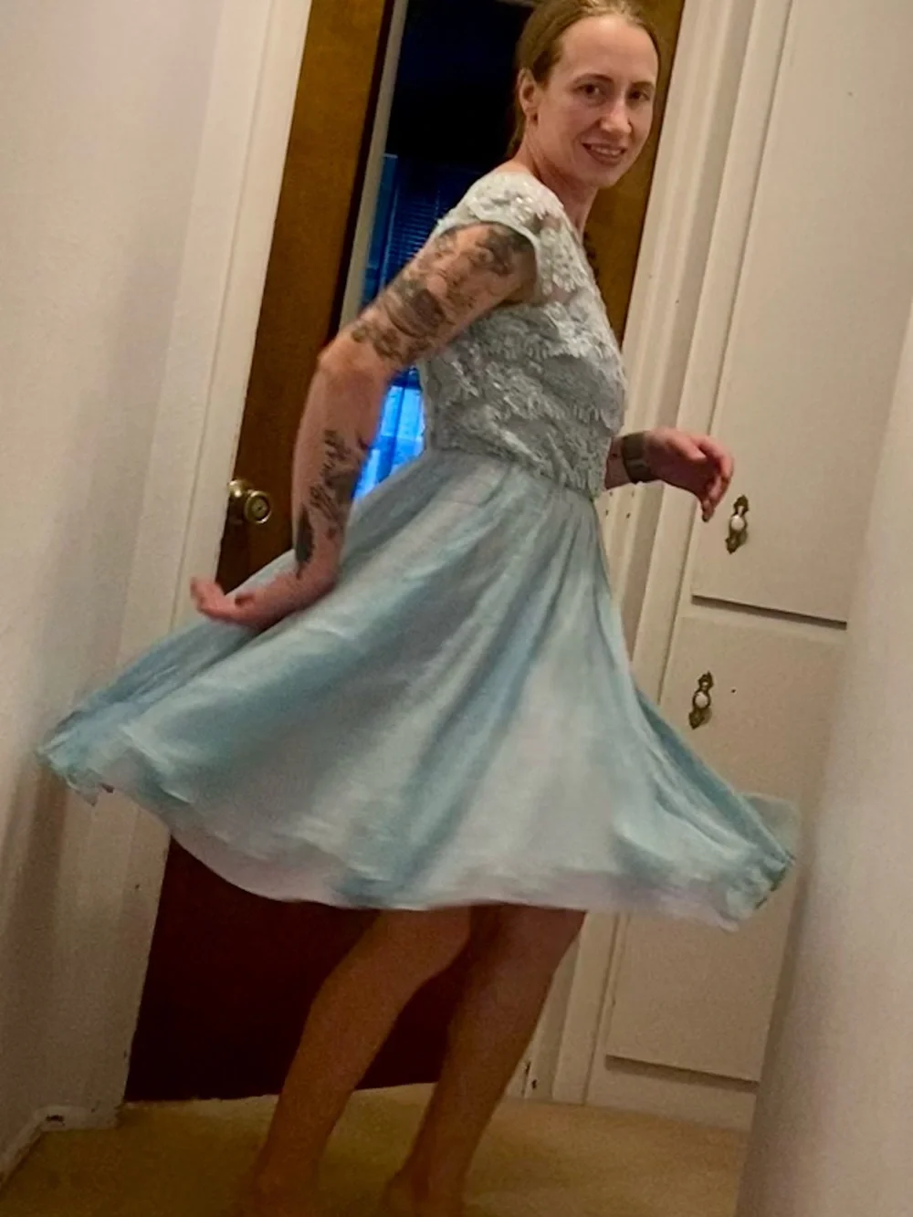 TRUE VINTAGE Miss ElliLight Blue Beaded Lace & Chiffon Fit-and-Flare Dress